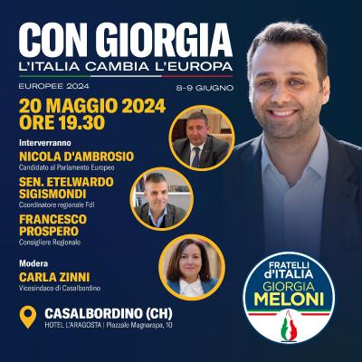 Europee, Fratelli d’Italia: lunedì 20 alle 19:30 all’Hotel L’Aragosta a Casalbordino presentazione del candidato D’Ambrosio 