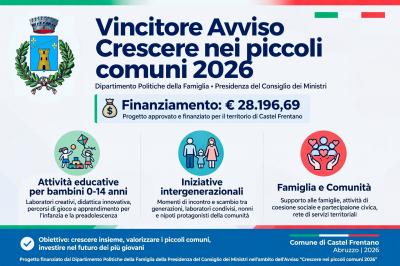 Castel Frentano tra i vincitori del bando nazionale “Crescere nei piccoli Comuni”: in arrivo oltre 28 mila euro per le famiglie