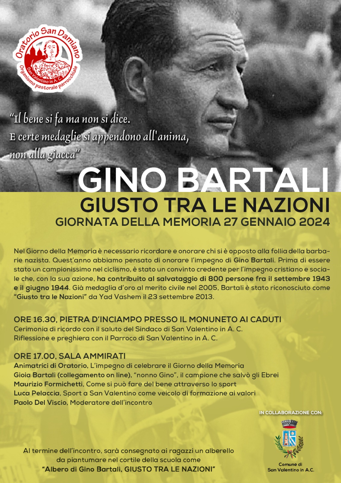 Oratorio San Damiano a San Valentino in Abruzzo Citeriore celebra la Giornata della Memoria con una riflessione su Gino Bartali