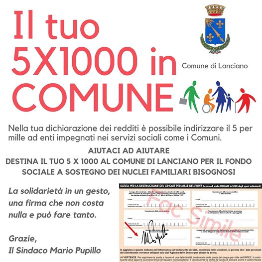 Il 5 x 1000 al comune di Lanciano per il fondo sociale 