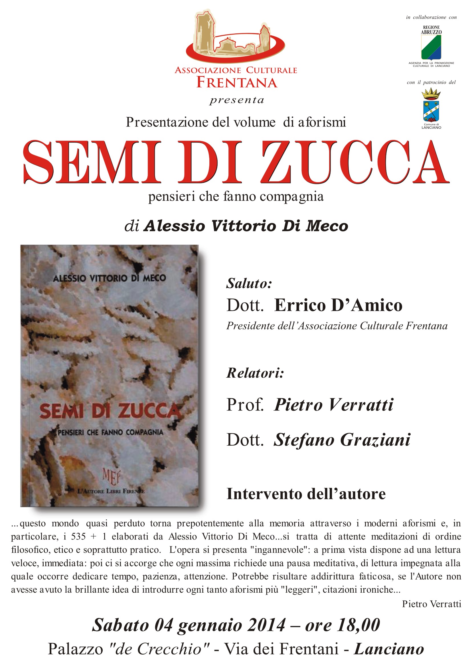 DOMANI GLI AFORISMI DI “SEMI DI ZUCCA” PRESENTATI A PALAZZO DE CRECCHIO