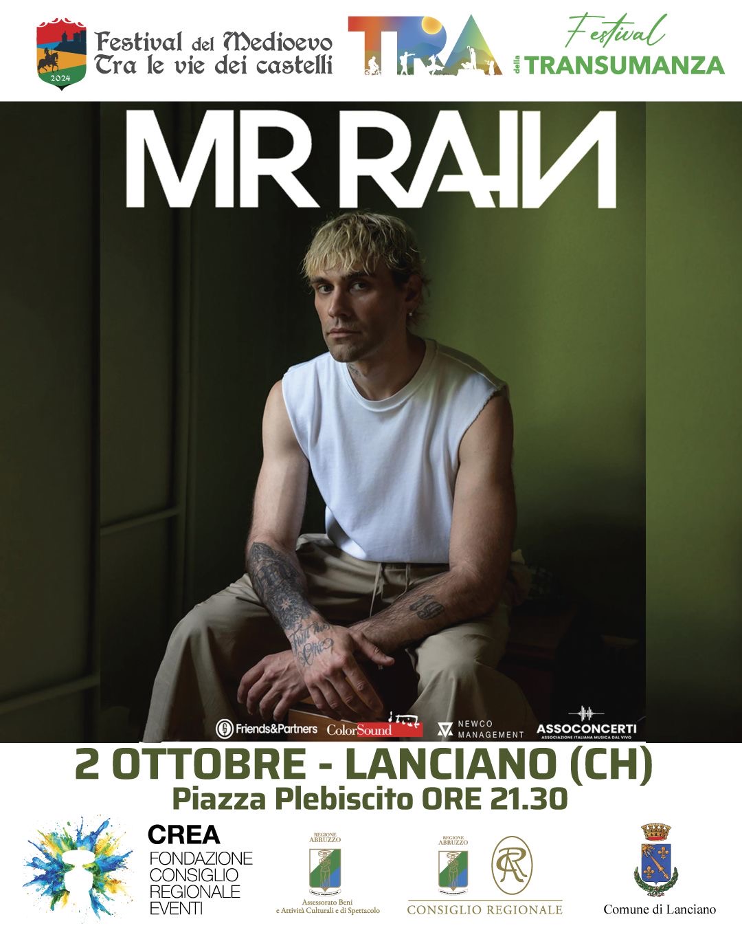 Lanciano, continuano i grandi eventi e pop d'autore: Mr. Rain in concerto gratuito in Piazza Plebiscito il 2 ottobre