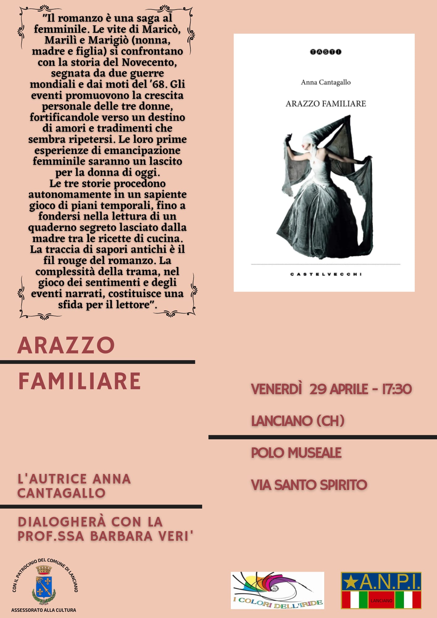 Lanciano, presentazione del libro "Arazzo familiare" di Anna Cantagallo venerdì 29 aprile al Polo Museale, alle 17,30.