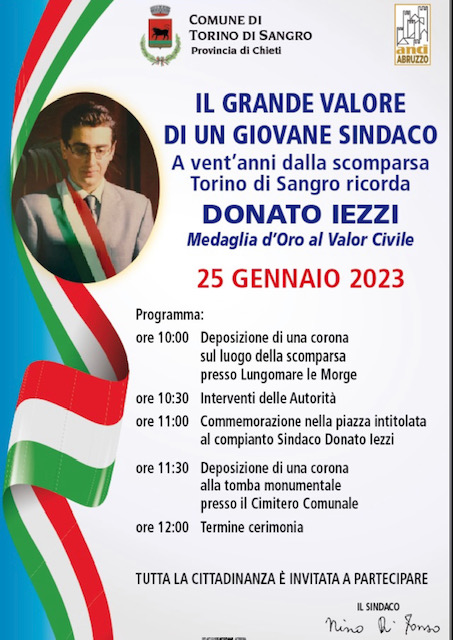 Torino di Sangro, il 25 Gennaio cerimonia in ricordo del sindaco Donato Iezzi a 20 anni dalla tragedia