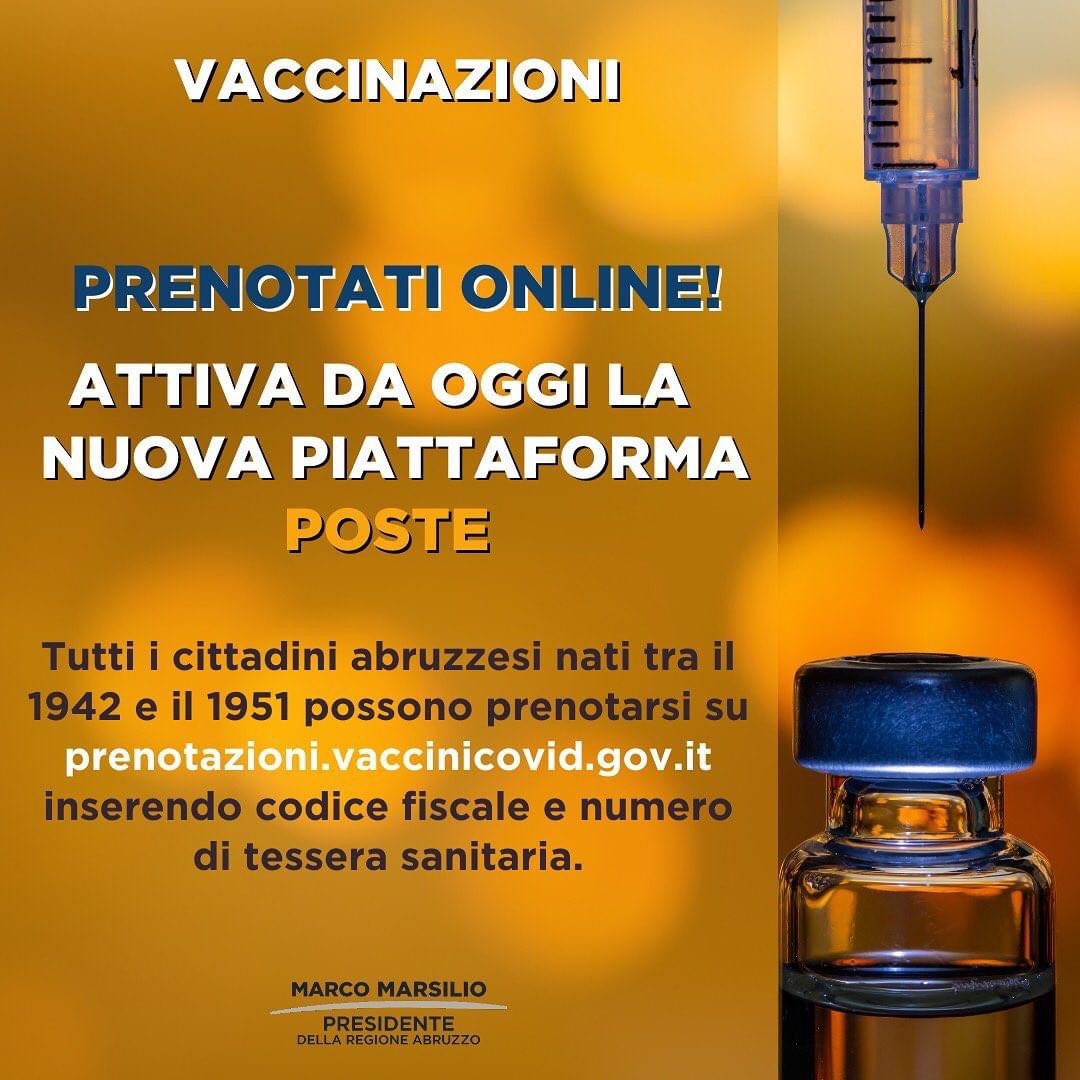 Coronavirus, al via in Abruzzo il sistema di prenotazione online del vaccino tramite Poste italiane