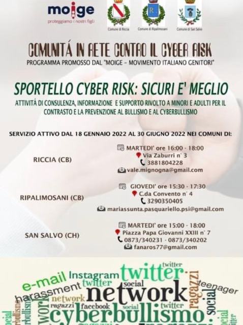 Bullismo e cyberbullismo, Istituito a San Salvo, Riccia e Ripalimosani lo sportello Cyber Risk: sicuri è meglio