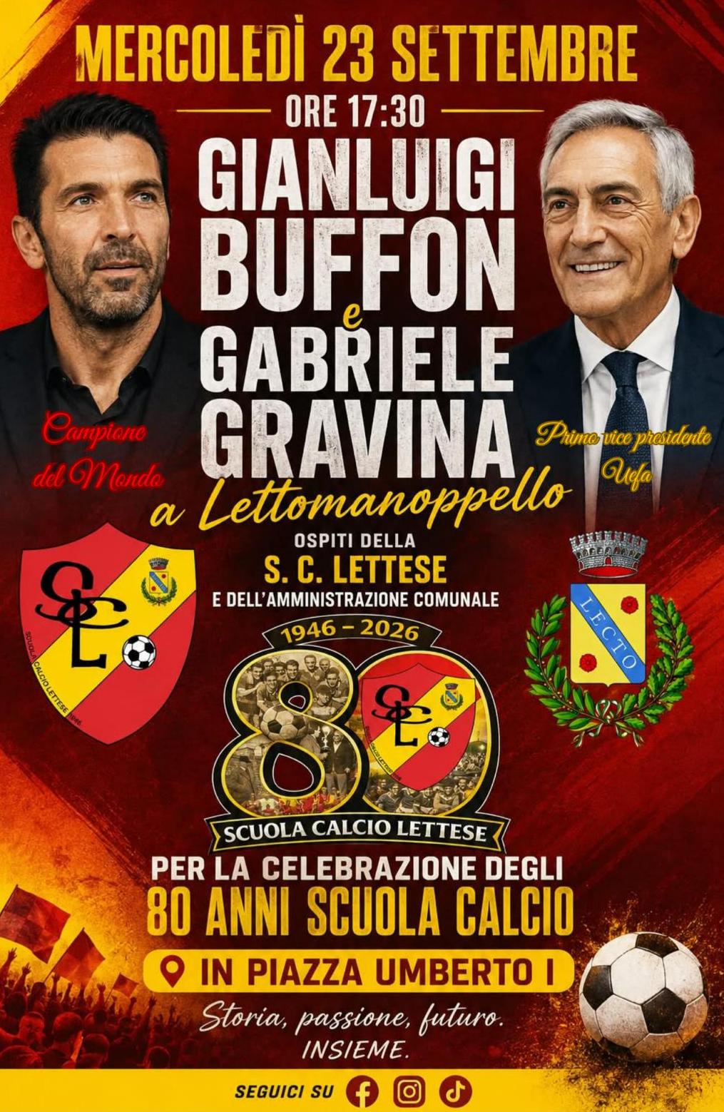 Conto alla rovescia a Lettomanoppello per la Festa degli 80 anni della Scuola Calcio Lettese con  Buffon e Gravina