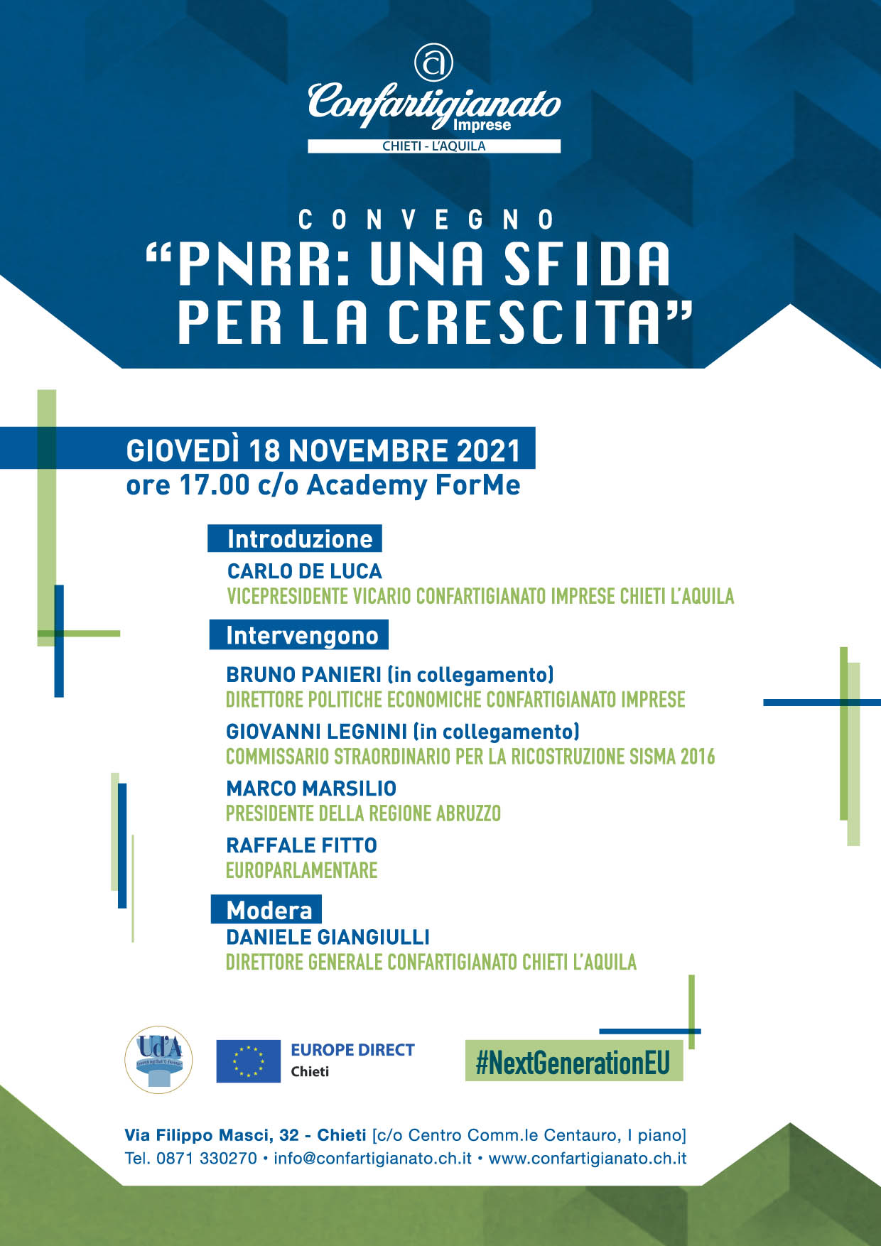 PNRR, Una sfida per la crescita: il 18 novembre a Chieti convegno con Fitto,Legnini, Marsilio e Panieri