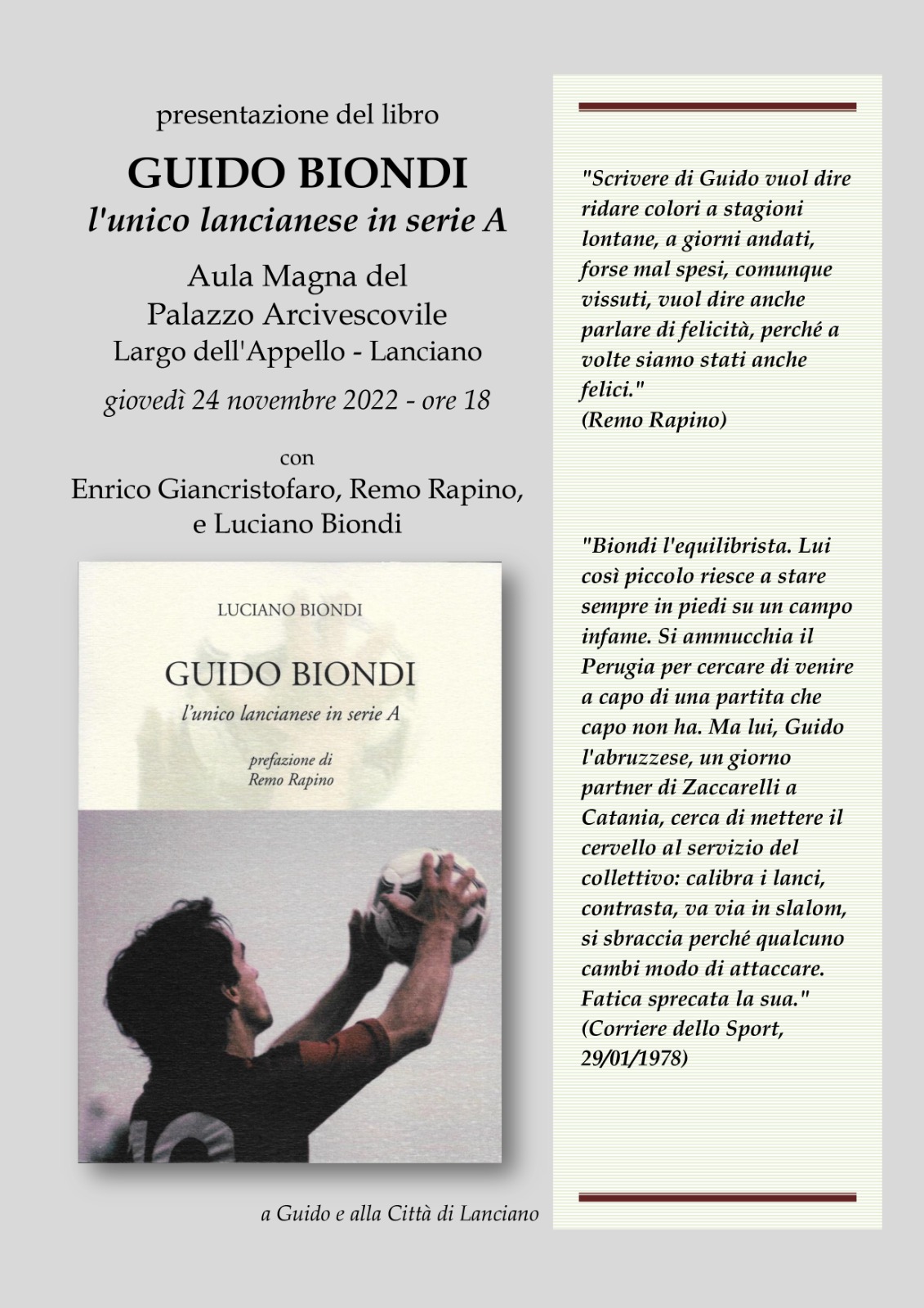 Lanciano, domani la presentazione del libro "Guido Biondi l'unico lancianese in sere A" di Luciano Biondi