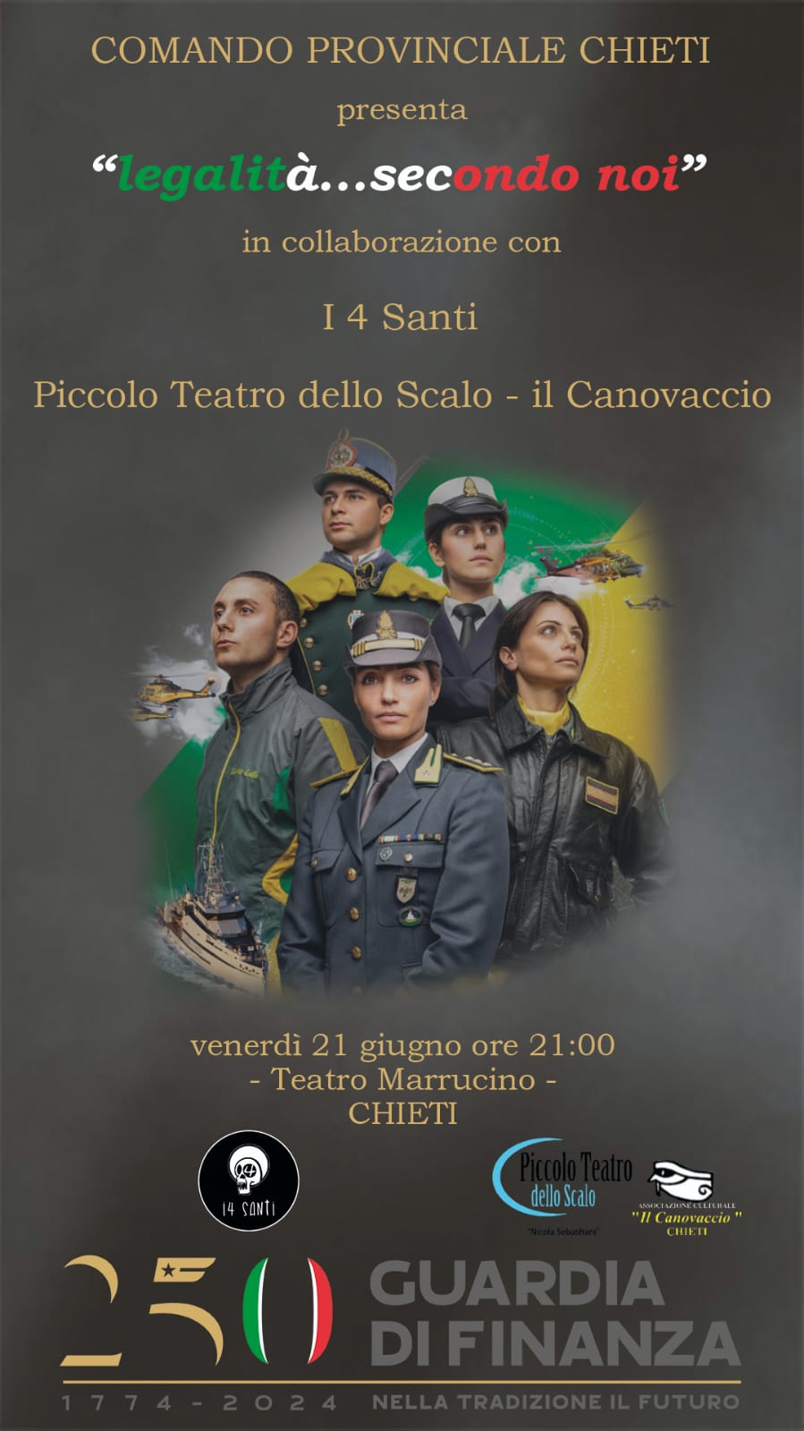 250 anni della Guardia di Finanza, a Chieti una serata speciale per riflettere sulla legalità con un sorriso