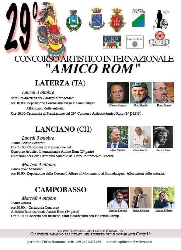 Il 3 e 4 ottobre la 29^ edizione del Concorso Artistico Internazionale "Amico Rom" 