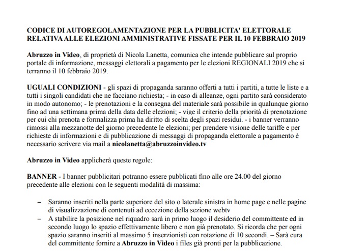 CODICE DI AUTOREGOLAMENTAZIONE PER LA PUBBLICITA' ELETTORALE RELATIVA ALLE ELEZIONI AMMINISTRATIVE FISSATE PER IL 10 FEBBRAIO 