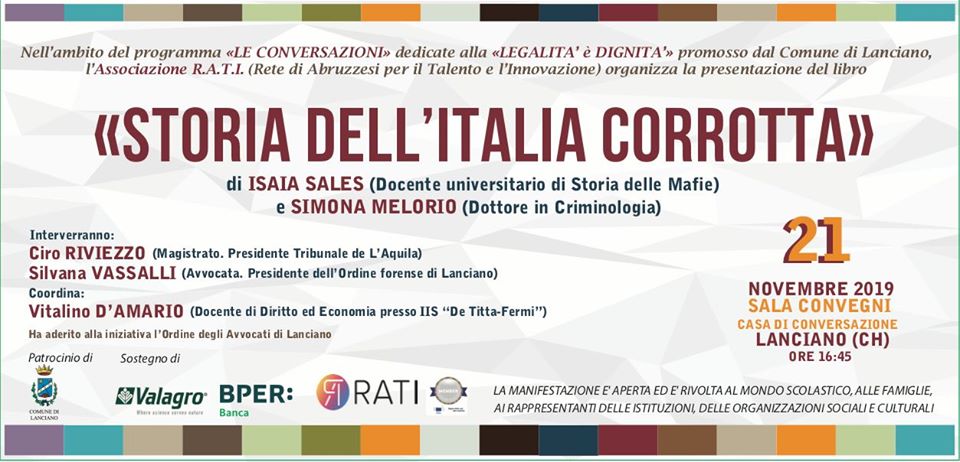 Con la presentazione di “Storia dell’Italia corrotta” RATI promuove un importante incontro per riflettere sul tema