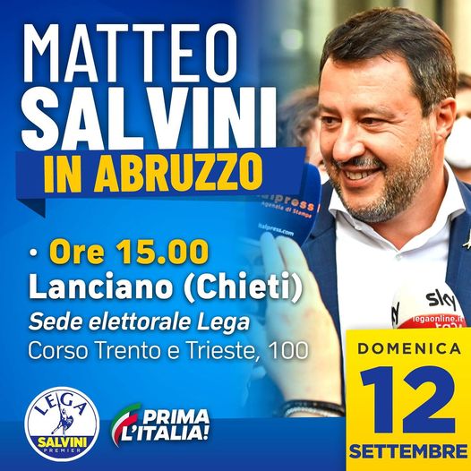 Elezioni amministrative, il leader della Lega Matteo Salvini oggi a Lanciano