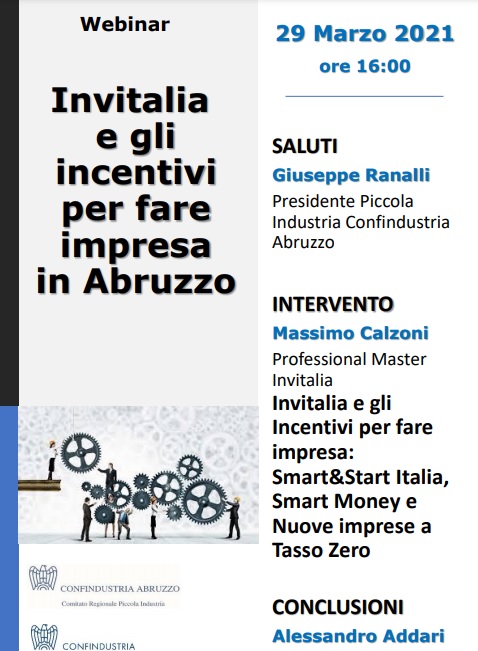 Invitalia e Confindustria presentano gli incentivi per fare impresa in Abruzzo: webinar il 29 marzo